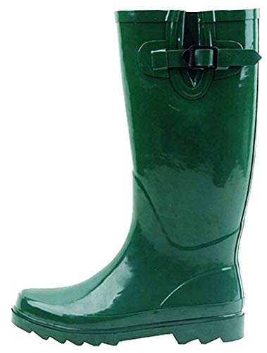 G4U Women's Rain Boots Multiple Styles Color Mid Calf Wellies Buckle Fashion Rubber Knee High Snow Shoes (6 B(M) US, Green)