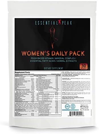 Essential Peak Women's Daily Pack Multivitamin/Multimineral Supplement Complex – Essential Fatty Acids - Rich in Vitamins & Minerals. Green Tea, Magnesium, Biotin, Zinc, Calcium.