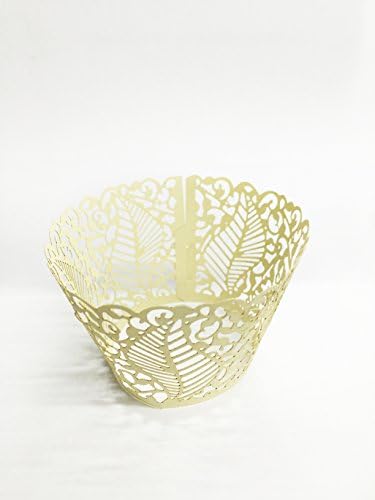 HUAL Cupcake Wrappers 50 Filigree Artistic Bake Cake Paper Cups Large leaves Lace Laser Cut Liner Baking Cup Muffin Case Trays for Wedding Party Birthday Decoration (White gold)