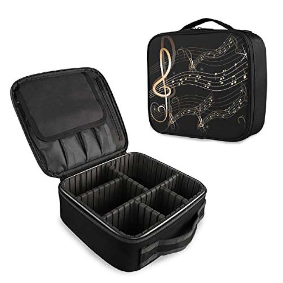 Vawa メイクボックス 大容量 プロ用 かわいい 楽譜 音符 ゴールド 化粧箱 機能的 コスメ収納 ブラシバッグ 調整可能 旅行出張用