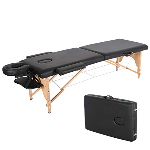 Portable Folding Massage Table, Chair Bed Facial SPA Tattoo Bed with Free Carry Case (Black-Two Folds)