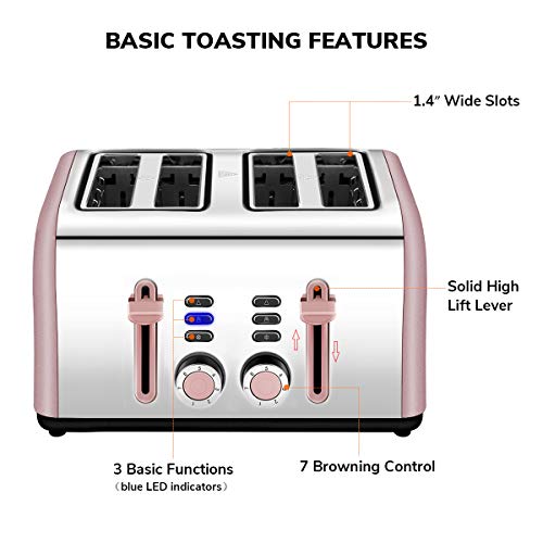 4 Slice Toaster, CUSIBOX Stainless Steel Toaster Four Wide Slots with 7 Bread Browning Settings, REHEAT/DEFROST/CANCEL Function, 1400W, Pink Gold