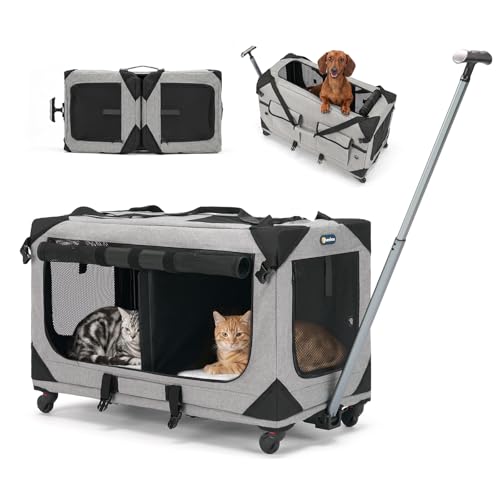 Veehoo Large Pet Carrier with Wheels for 2 Cats, Extra Long 76cm Foldable Rolling Cat Carrier with Removable Divider & Telescopic Handle, Soft-Sided Pet Travel Carrier for 2 Small Dogs, 76× 38× 51 cm