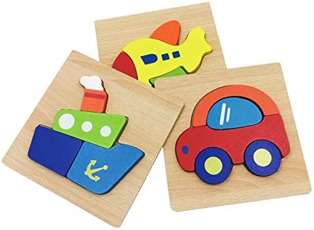 letsgood Colorful Wooden Jigsaw Puzzles Toy for Baby & Toddlers, Early Educational Jigsaw Puzzles Gift Toys for 1 2 3 Boys Girls, Cute Drawstring Gift Bag (Pack of 3 Vehicles)