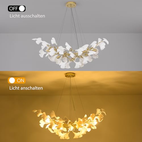 PIOUTNF Branch Chandelier, Modern Dining Table Chandelier, Ceramic Ginkgo Leaf Chandelier, 10 x G9, Dimmable, L91.5 cm, Suitable for Living Room, Hallway, Kitchen, Bedroom, Without Bulb
