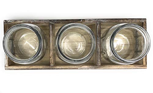 Flatware Caddy Cutlery Holder Utensil Organizer with 3 Glass Mason Jars in Farmhouse Rustic Style Wood Tray For Silverware Display on Kitchen Countertop, Dining Table and Party (Rustic Wood)