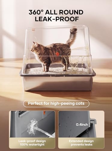 Extra Large Stainless Steel Cat Litter Box with Lid, Enclosed High Sided Metal Litter Pan for Large & Multiple Cats, Dog Proof, Non-Sticky, Anti-Leakage, Easy Clean with Scoop & Step, Dark Grey