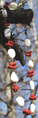 White snow Quartz + Red Dyed Coral Bronze Link Necklace with Bronze Parrot Clasp