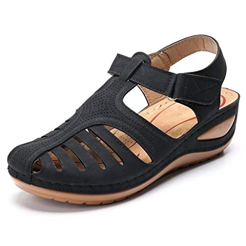 Dermanony Women's Comfortable Sandals Vintage Ankle Hollow Round Toe Wedge Sandals Soft Sole Casual Shoes