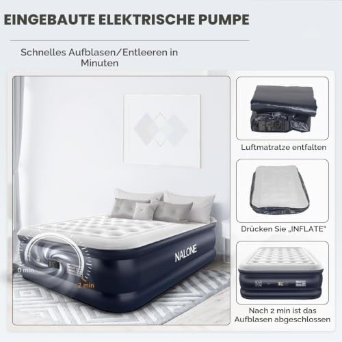 Luftmatratze 2 Personen, Luftmatratze Selbstaufblasend mit Integrierter Pumpe, Luftbett Selbstaufblasend in 3 Minuten, Aufblasbare Matratze für Camping & Heimgebrauch 193x137x46cm