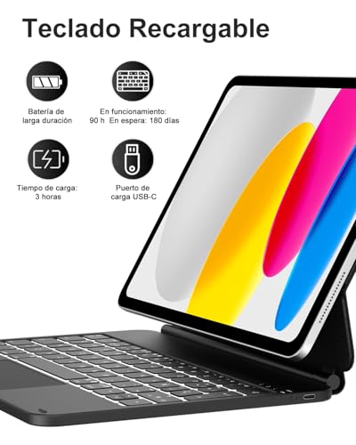 Tiiomioon Funda Teclado para iPad 10ª Gen 2022/ iPad 11 Gen A16 2025, Magic Keyboard per Pad 11 Generación A16, Español Ñ Touchpad Bluetooth Retroiluminado Teclado para Pad 10.9'' 2022 -, Negro