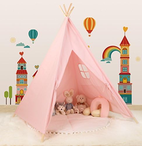 CANALOHA 4 pole version Pink Princess Large Foldable breathable Cotton Canvas Playhouse Outdoor Indoor India toddlers Play Tent with window, Ideal for Kids Girls/Boys Birthday Gift Christmas Party