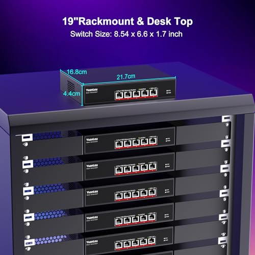 YuanLey 5 Port 10G Ethernet Switch, 5 Ports RJ45 10Gbps, Auto-Negotiated Speed 10G/5G/2.5G/1G/100M, Switching Capacity 100Gbps, Unmanageable Switch, Rackmountable, Plug and Play