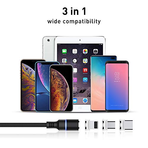 3 in 1 Magnetic Charging Cable 360Â°Rotate Braided Cable with Compatible for iOS, USB-C and Micro USB ï¼ŒFast Charge and Date Transfer (Black)