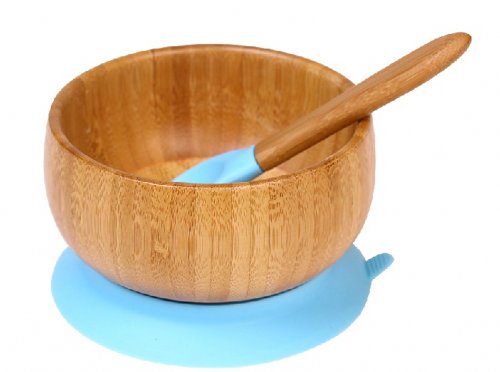 Toddler Infant Feeding Bamboo Spill Proof Stay Put Suction Bowl With Spoon and Bibs Blue
