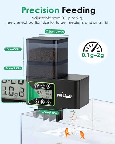 Petbank Automatic Fish Feeder for Aquarium, 230/510ML Adjustable Timer Fish Feeder Dispenser with 0.1-2g Precision Feeding, Feed Cleaning & Shortage Alert,Moisture-Proof, LCD Display,USB Rechargeable