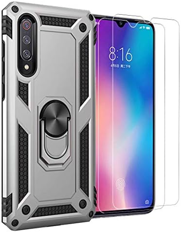 TANYO Case+2 Pack 9H Transparent Tempered Glass Screen Protector Suitable for Xiaomi Mi A3, [Ring bracket Magnetic Car Mount Series] Heavy Armor TPU + PC Military Anti-drop Case, Silver