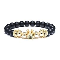 Zozu Noter Mens Bracelet Luxury Black Zirconia Crown Braslet 8mm Natural Matte Stone Beads Braclet For Homme Cool Biker Jewelry Gift (Gold)