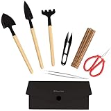 Planters' Choice Bonsai Tool Kit - Includes: Wooden Rake, Long & Wide Spades, Scissors, Tweezers, Bamboo Brush, and Pruning Shears (Trimmer/Clipper) in Fabric Storage Holder : Bonsai Tools (Tool Kit)