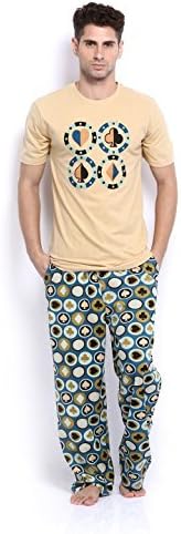 Men's 100% Cotton Cards Printed 2 Pcs Tee &amp; Pajama Set / Sleepwear Lounge Pant &amp; Tshirt / Summer PJ with Top, Beige &amp; Blue