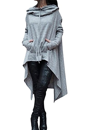 ThusFar Women's Loose Long Sleeve Asymmetric Hem Sweatshirts Solid Color Pullover Hoodie Dress Gray 2XL
