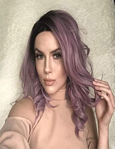 Chantiche Short Bob Lace Front Wig 2 Tones Ombre Purple Wavy Bob Wig with Dark Roots Ombre Purple Short Bob Wigs for Women