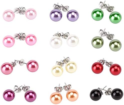 LZMEI 12 pairs Assorted Mixed Color02 Wholesale Lot Glass Pearl Earrings Studs Set Stainless Steel Earrings Pin for Women Girl Kids