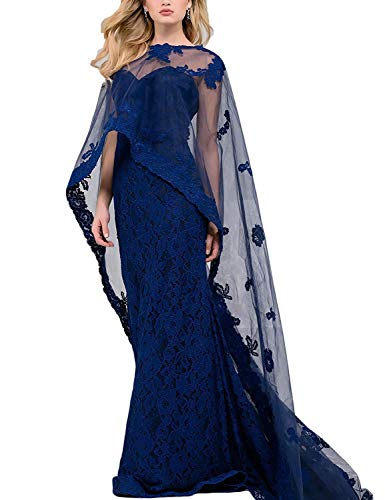 LiBridal Women's Lace Evening Prom Dresses Cape Mermaid 2018 Formal Long Gown Dark Blue US 18W