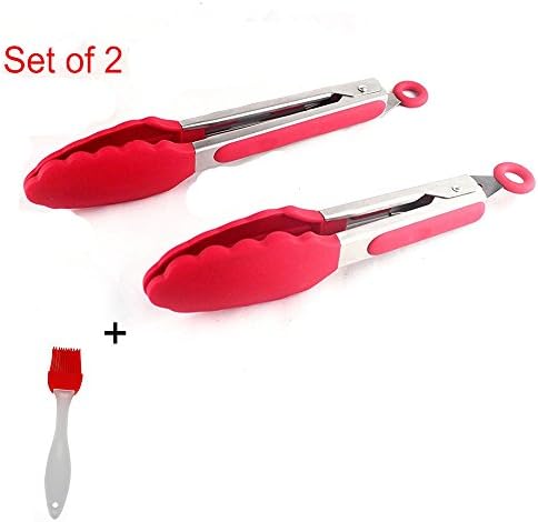 Houtemy Stainless Steel Kitchen Tongs Set with Silicone Handles and Tips Non-stick Locking Food Tongs for Salad Pasta Barbecue Grilling Cooking Serving – 9 and 12-Inch Utensils Pack- Red