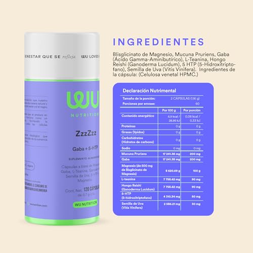 WU Nutrition ZzzZzz | Capsulas para Dormir y Relajación | Sueño Reparador con GABA Magnesio, Hongo Reishi 5-HTP, Manzanilla | Suplemento Premium | Apoyo al Descanso Nocturno | 120 Cápsulas | 2 meses de consumo