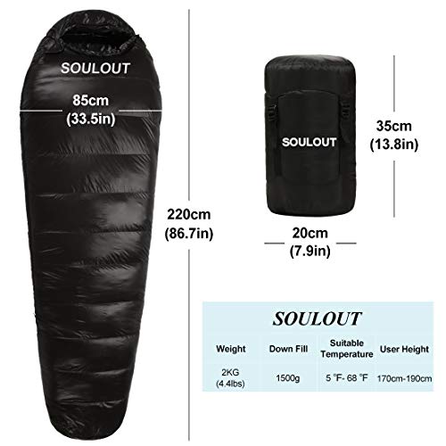 SOULOUT Down Sleeping Bag, 0Â°F - 20Â°-30Â°F 1500 Fill Power Cool Weather - Ultra Lightweight Portable Waterproof Mummy Sleeping Bag with Compression Sack for Adults Kids Camping Backpacking