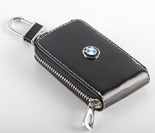 Key chain Bag window black Genuine Leather Ring Holder Case Car Auto Coin Universal Remote Smart Key cover Fob Alarm Security Zipper keychain Wallet Bag (BMW)