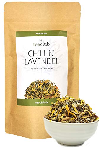 Chill N Lavendel 100g Tee Mischung lose, Abendtee Kräutertee mit Lavendel, Fenchel, Kümmel, Anis - TeaClub Herbal Tea