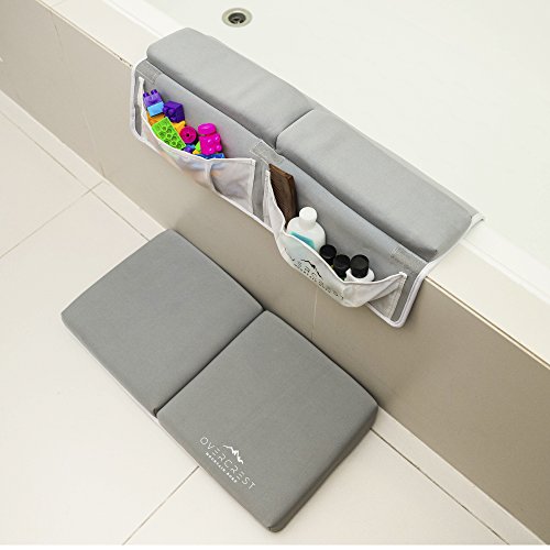 Overcrest Baby Bath Kneeler and Elbow Cushioned Tub Rest Set, Premium Extra Thick 23 x 12 x 2 inch Foam Mat Protection for Parents, Double Stitched Deeper Pockets, Secure Non-Slip, Quick Drying, Grey