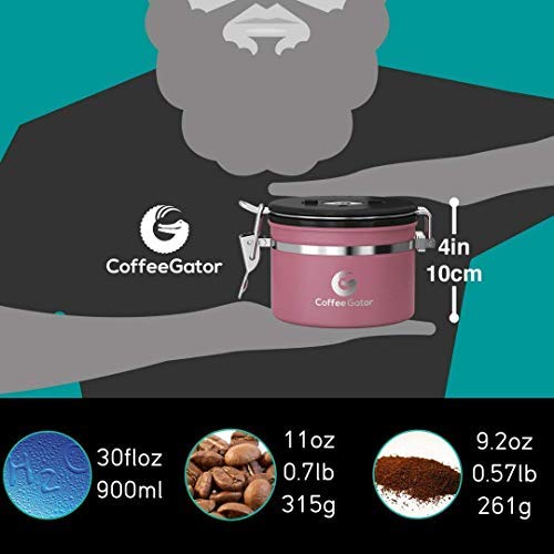 Coffee Canister - Coffee Gator Stainless Steel Coffee Container - Fresher Beans and Grounds for Longer - Date-Tracker, CO2-Release Valve and Measuring Scoop - Small, Pink