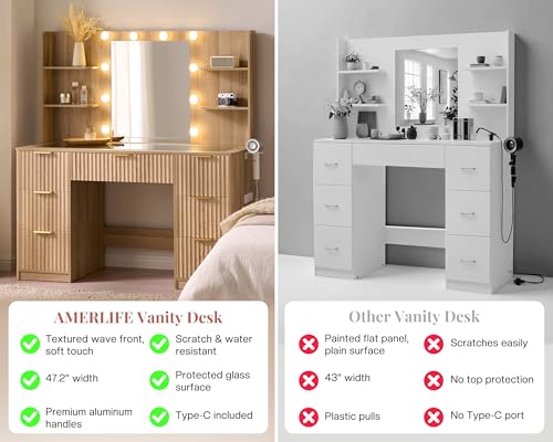 Jocisland 47.2" Fluted Vanity Desk with Mirror and Adjustable LED Lights, Large 7 Drawers Makeup Table with Glass Top and Charging Station for Women and Girls, Bedroom or Dorm, Natural Oak