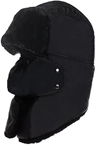 Winter Warm Hat Ushanka Hunting Trooper Trapper Aviator Bomber Cap Cold Weather Detachable Windproof Ski Face Mask Black