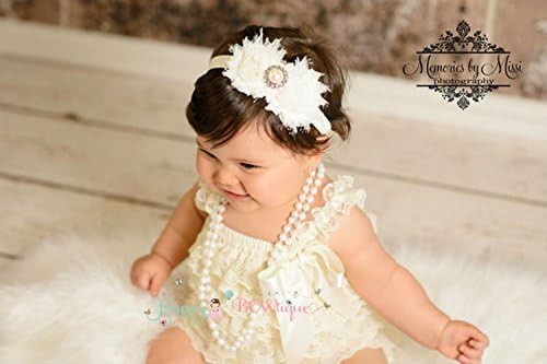2pcs Baby Girl Vintage Ivory Petti Lace Romper Set w Extra Headband, Baby Girl Ivory Romper, Baby Baptism Outfit