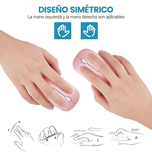 YOMYM Mouse Ratón óptico Inalámbrico Recargable 2.4 G, Silencioso Click con Receptor USB y Tipo-c Adaptador 3 Ajustable dpi Ratón para Computadora, Ideal para Ordenadores portátiles, PCs, Rosa
