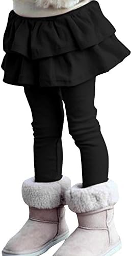 Kids Girls Elastic Waist Fleece Lined Leggings with Ruffle Tutu Skirt (2T, Black)