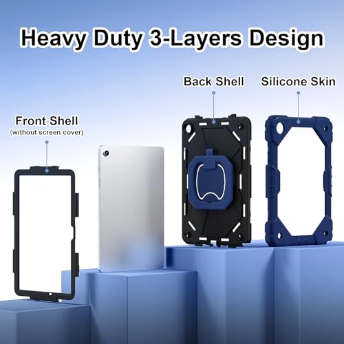 Shockproof Heavy Duty Case for Samsung Tab A11 Plus and Samsung Tab A9 Plus, 3-Layer Protection with Flexible Stand, Rotating Kickstand, Hands-Free Viewing (Navy Blue)