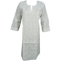 Mogul Interior Womans White Tunic Cotton Paisley Floral Hand Embroidered Elegant Indian Kurta Caftan Dress