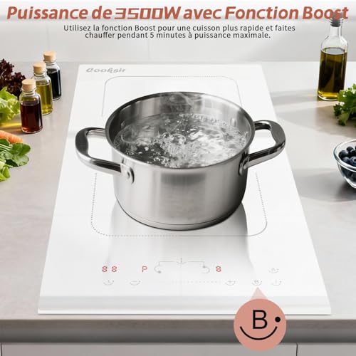 Cooksir White Induction Hob with 2 Burns, Built-in Induction Hob 30 cm with Plug, Flexible Zone, 3500 W, Touch Slider, Safety Lock, 230 V, 16 A