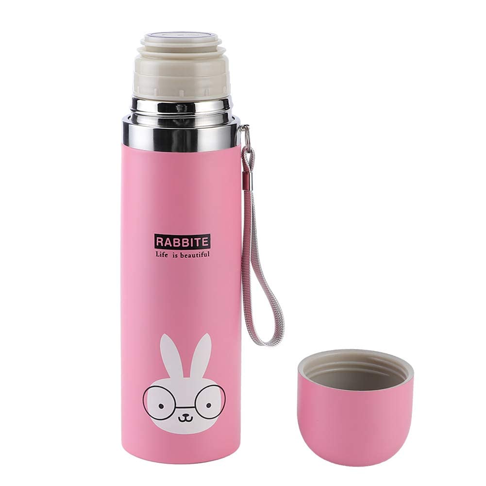 500ml Cartoon Vacuum Cup Kids Water Bottle Portable Stainless Steel Insulation Keep Cold or Hot Drinks for Hours Ice Drink Hot Beverage (Pink)
