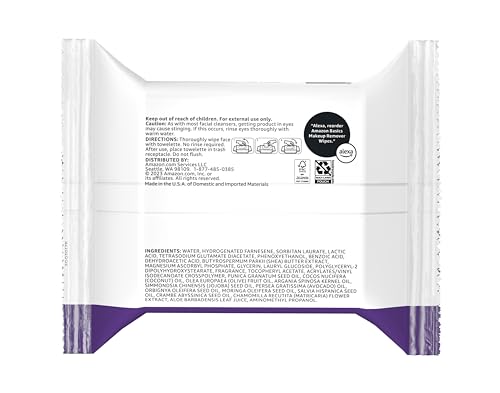 AMAZON BASICS MAKEUP REMOVER WIPES, NIGHT CALMING, GENTLE CLEANSING, PLANT BASED, ALCOHOL-FREE, REMOVES WATERPROOF MASCARA, DERMATOLOGIST TESTED, 25 COUNT, 1-PACK