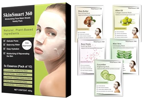 SKINSMART 360™ MOISTURIZING FACIAL MASK SHEETS FOR MEN & WOMEN, HYDRATE DRY SKIN ON-THE-GO, NATURAL, PLANT-BASED INGREDIENTS, SUITABLE FOR ALL SKIN TYPES, TRAVEL-FRIENDLY (VARIETY PACK OF 10 SHEETS)
