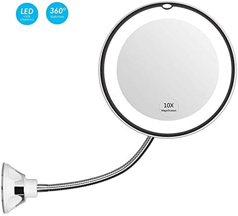 Wshzj LED Magnifying Makeup Mirror Wall Mount Lighted 10X Cosmetic Mirror 360° Swivel Locking Suction Cup Telescopic for Bathroom Vanity Shaving