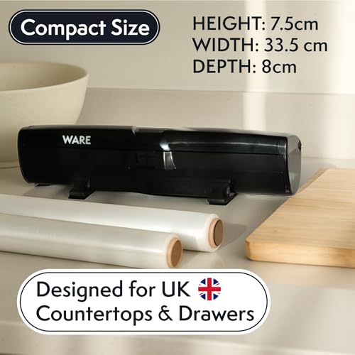 WARE Cling Film Dispenser + 2 Free 50m Rolls l Professional Quality | German-Engineered, PVC-Free l Eco Safe Cutting l Reduces Food and Plastic Waste
