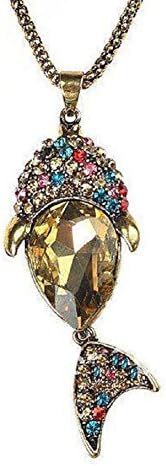 Vintage Style Copper Antiqued Fish Metal Pendant with Rhinestones Fashion Necklace
