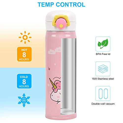 Kids Water Bottle Thermoses Unicorn Water Bottle Cup Metal Stainless Steel Vacuum Insulated Water Flask for School Kids Girls Lunch Box Leak Proof BPA Free Pink Unicorn